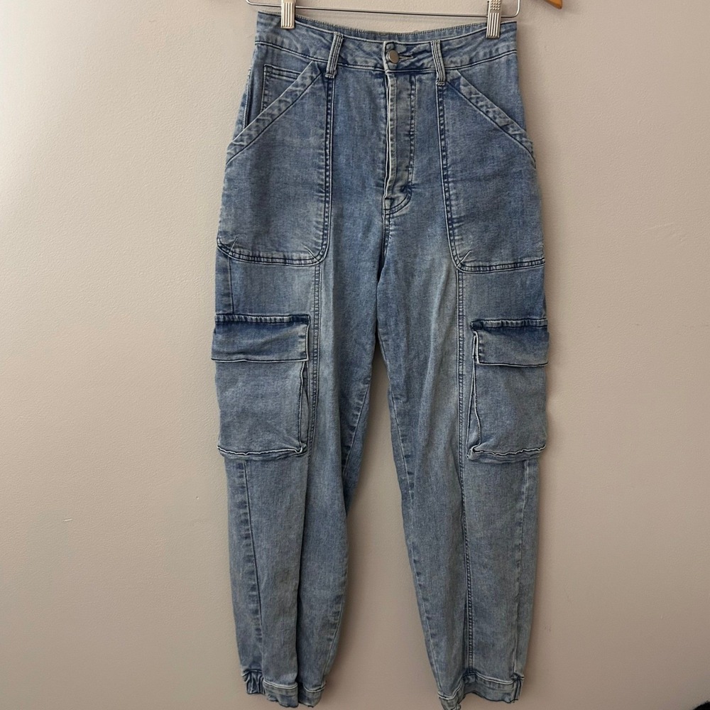 Miou‎ Muse Jeans Womens Small Blue Denim Utility Cargo High Rise Jogger